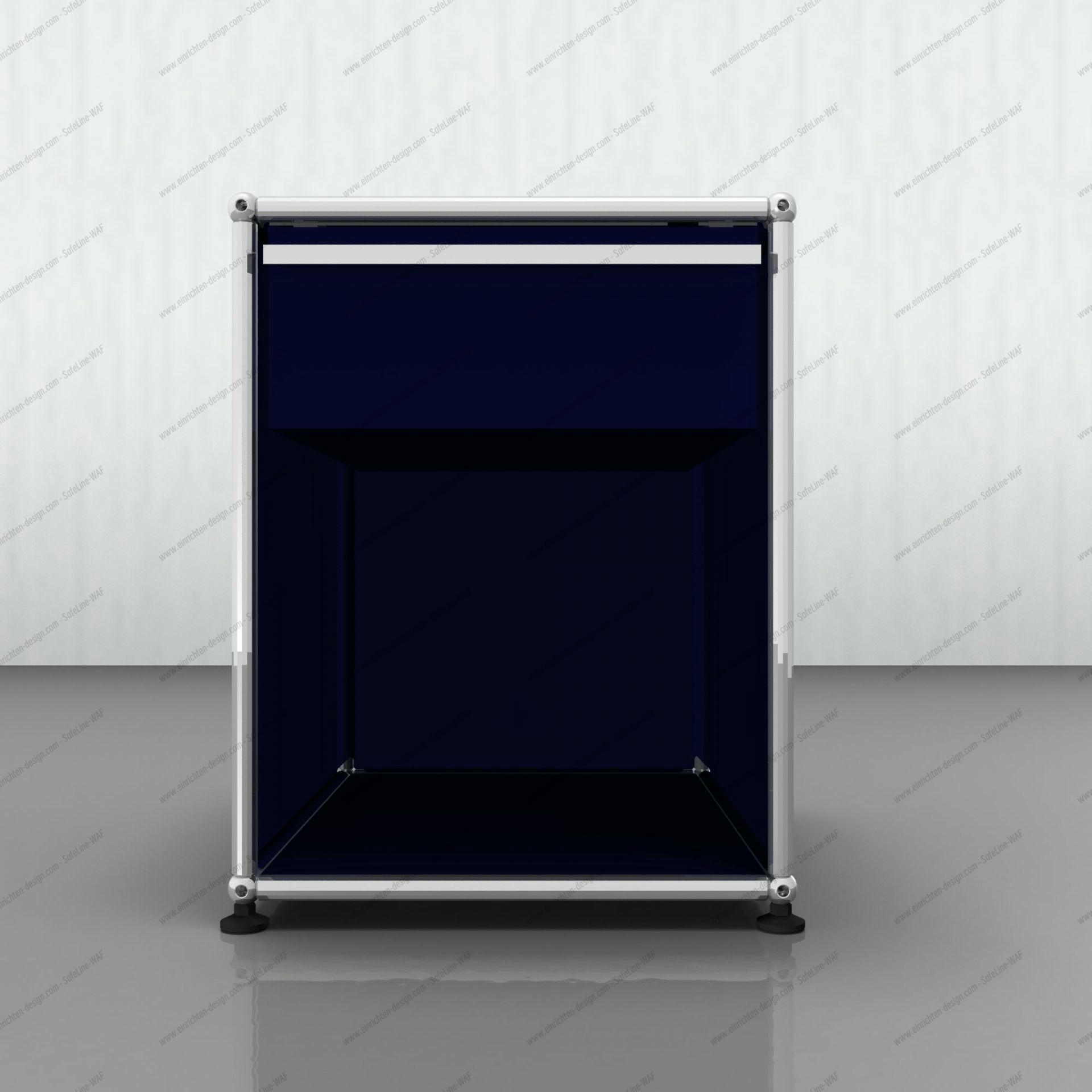 USM Haller Nachttisch in Stahlblau, minimalistisches Designmöbel für Schlafzimmer und modernes Wohnen.