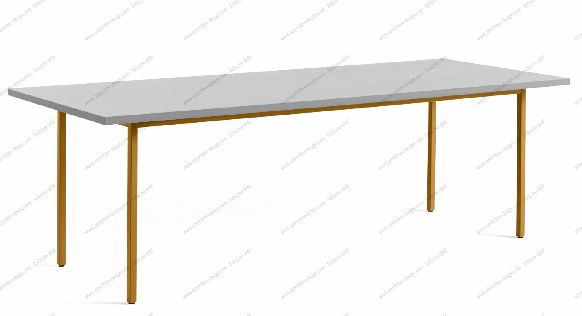 Hay Two Colour Table, 240 cm langer Esstisch mit hellgrauer Tischplatte und ockerfarbenem Gestell.