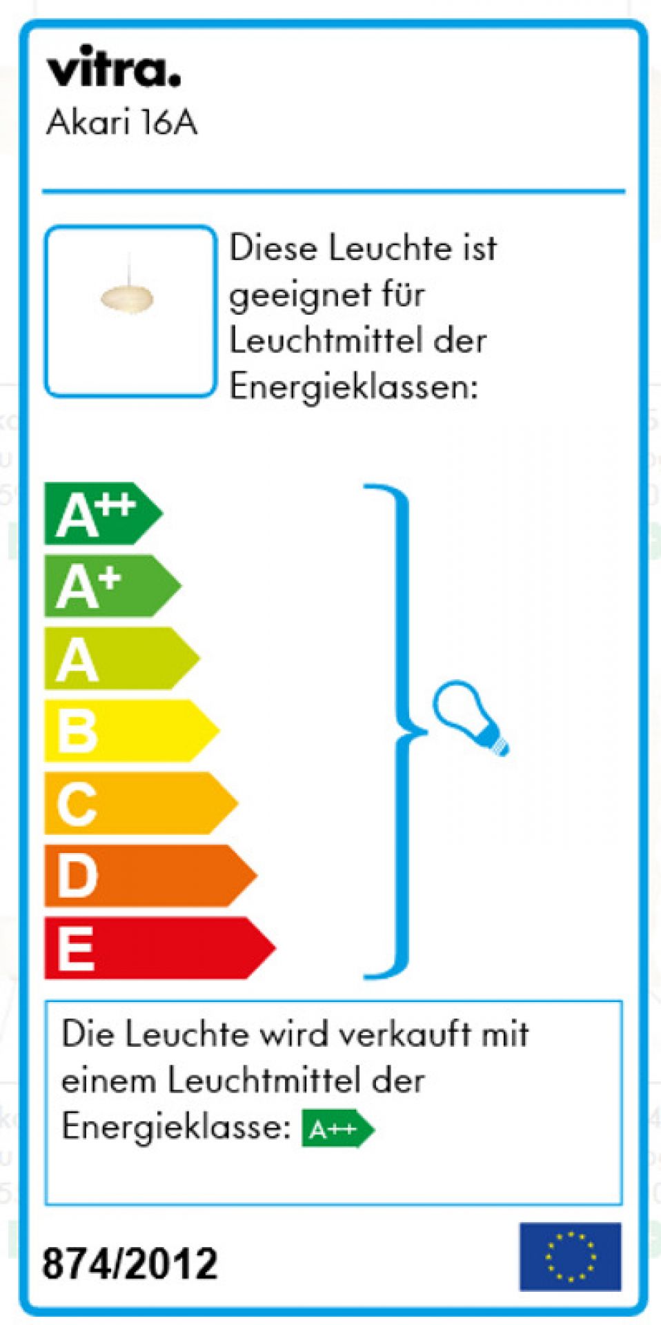 Energieeffizienzlabel der Akari Pendelleuchte 16A von Vitra, Informationen zu Energieklassen und Leuchtmittel.