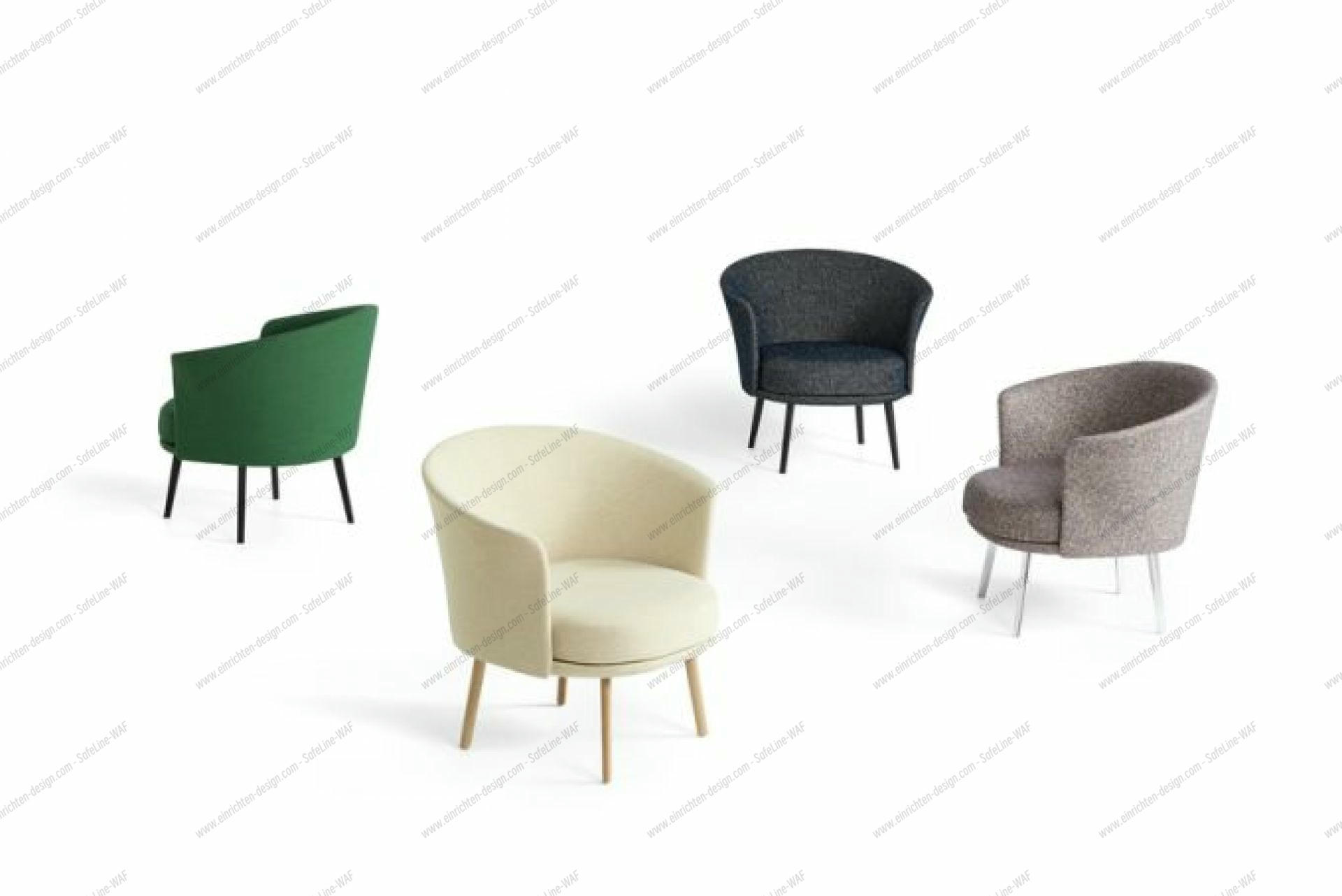 Produktbild: Mehrere Olavi Loungesessel von Hay in verschiedenen Farben auf weißem Hintergrund.
