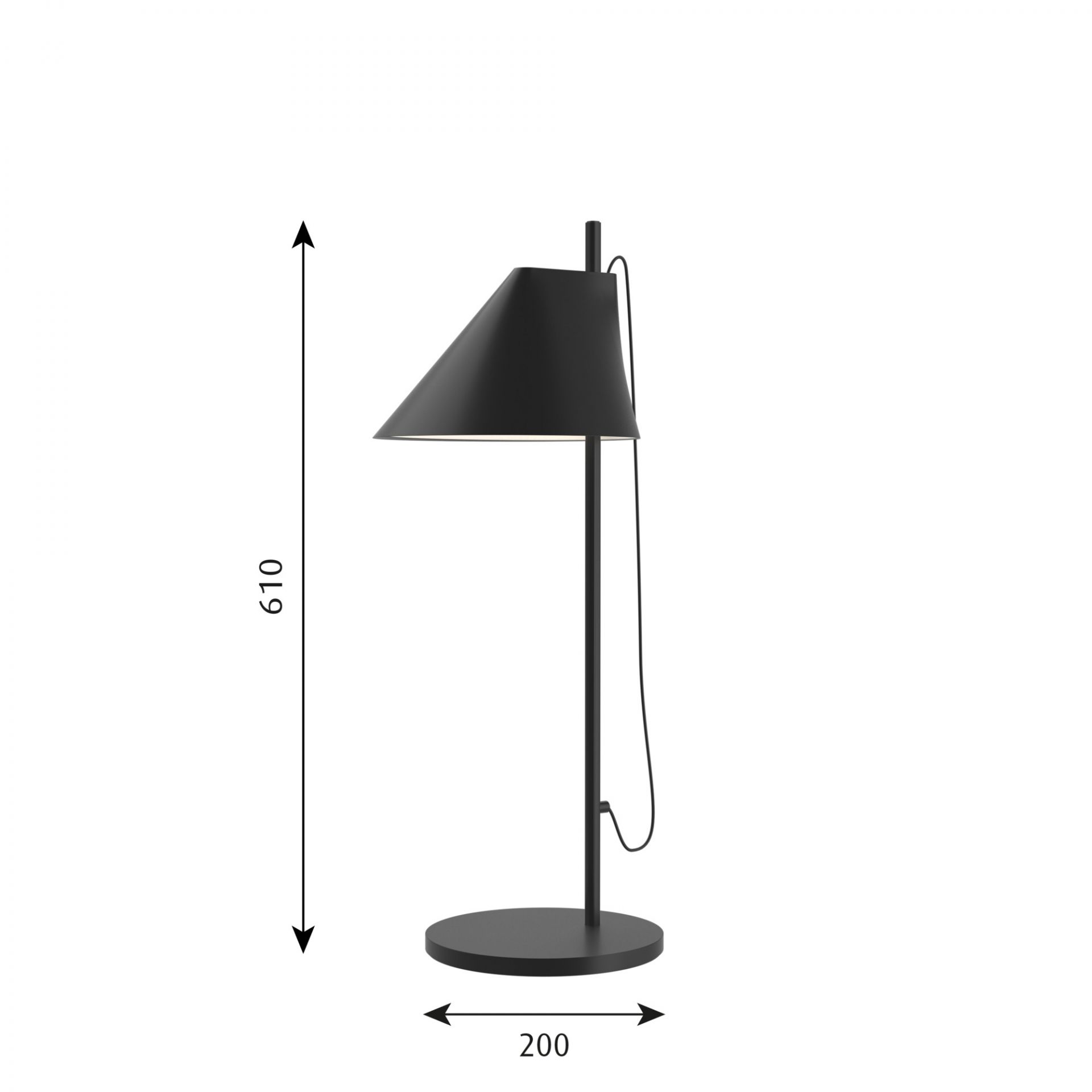Schwarze Yuh LED Tischleuchte von Louis Poulsen mit konischem Lampenschirm und runder Basis.