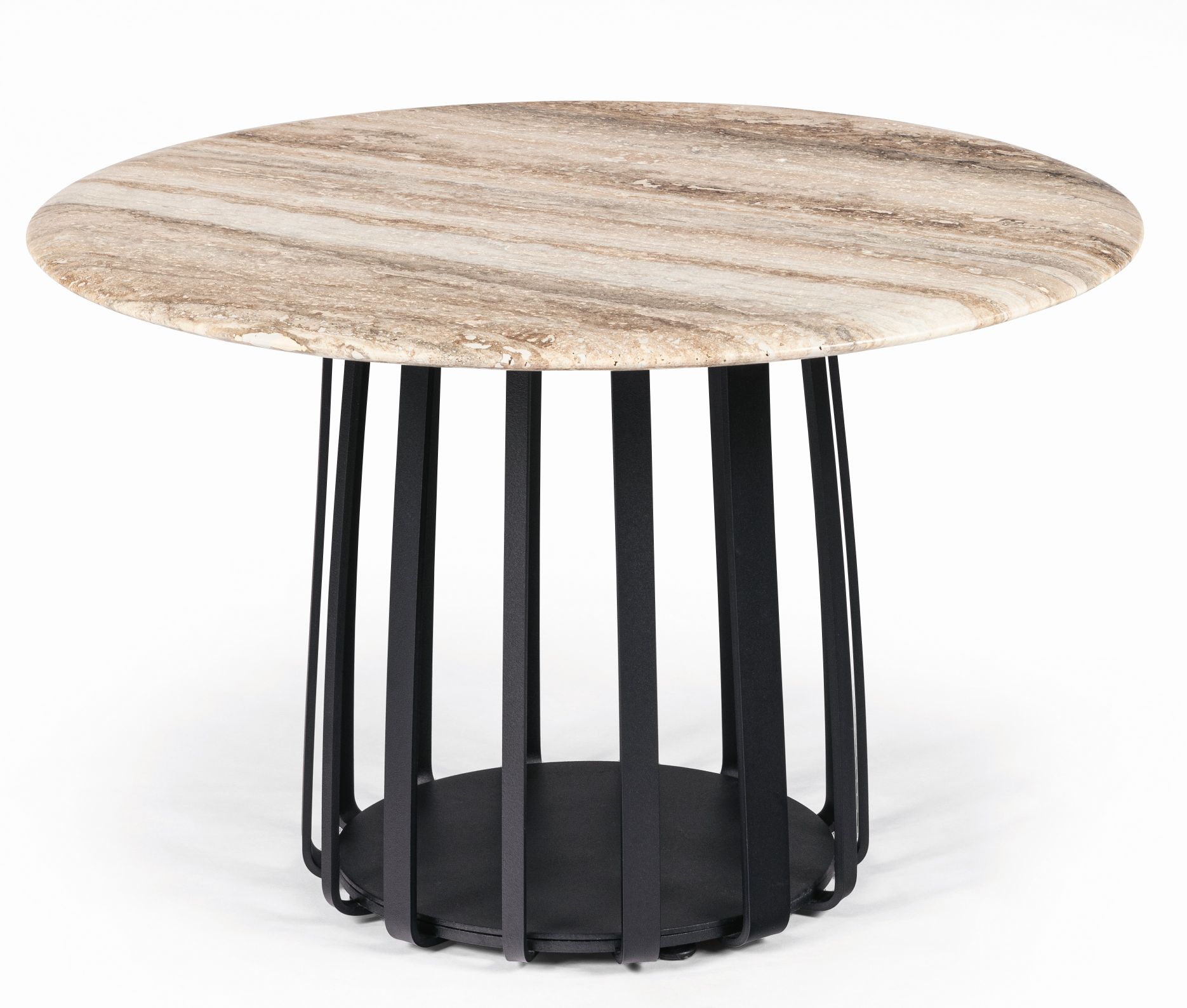 BC 09 Basket Beistelltisch: Runder Couchtisch mit Travertin-Platte und schwarzem Metallgestell für Outdoor.
